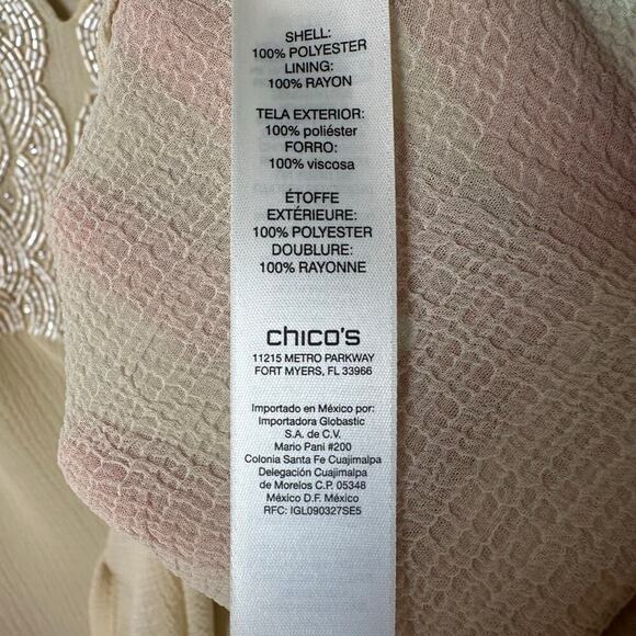 Chico’s cream tunic beaded embroidered collar, sheer with tank liner coastal  - Picture 7 of 10